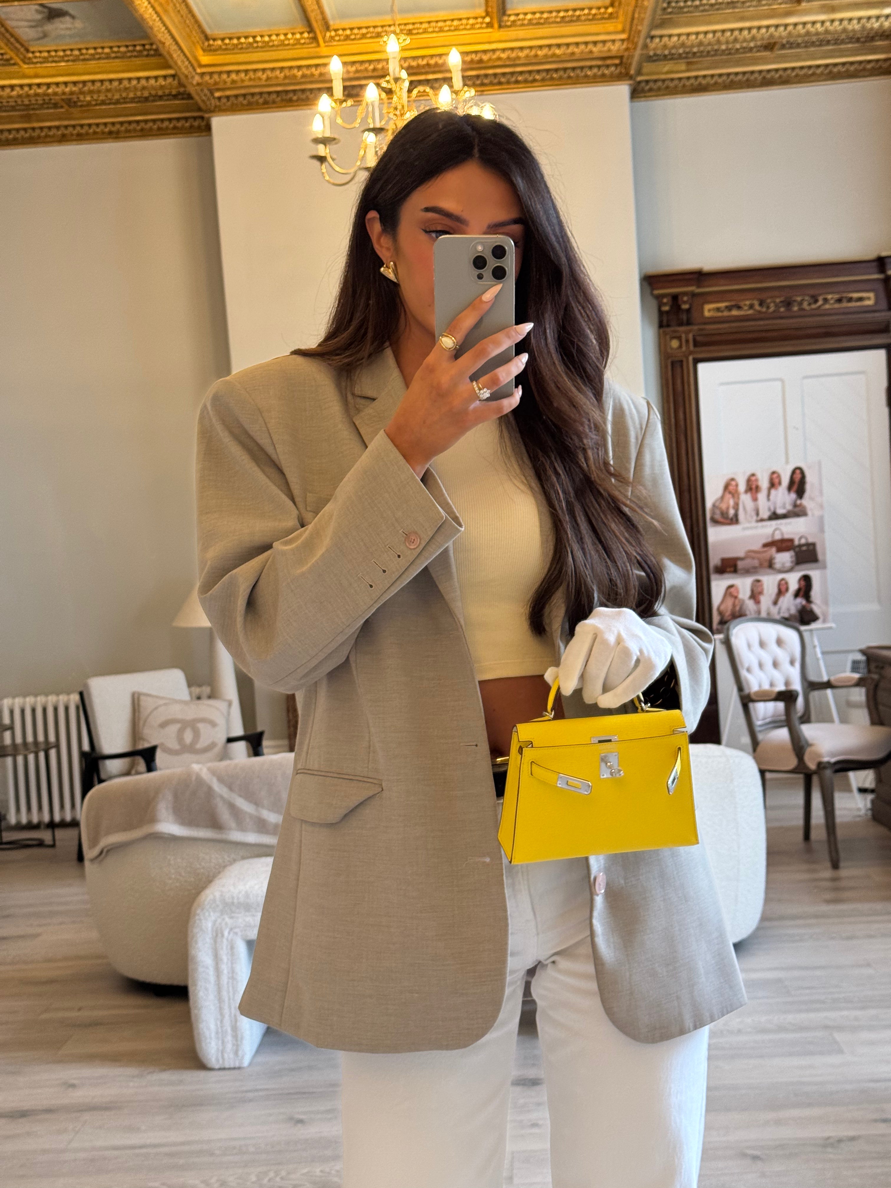 Authentic Pre Loved Hermés Mini Kelly ll Sellier Verso Chèvre Mysore in Jaune Citron and Mushroom With Palladium Hardware New & Unused Condition