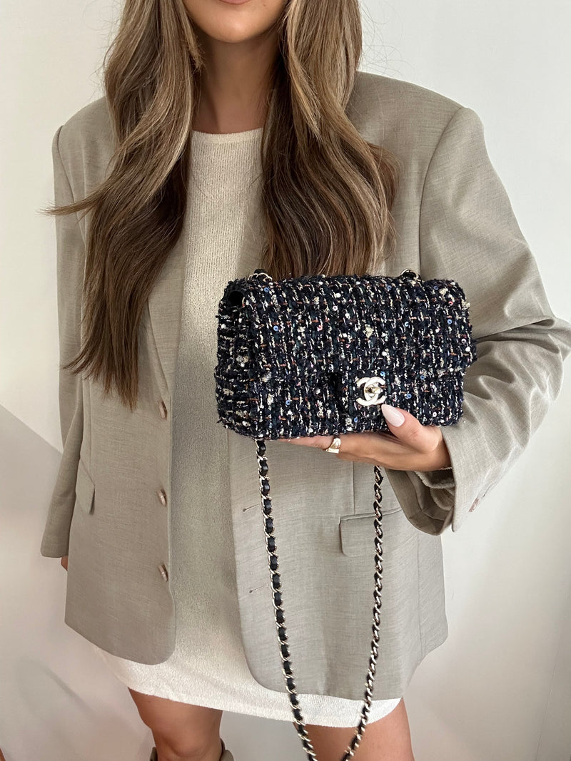Chanel 22c Tweed Sequin Mini Rectangle Bag