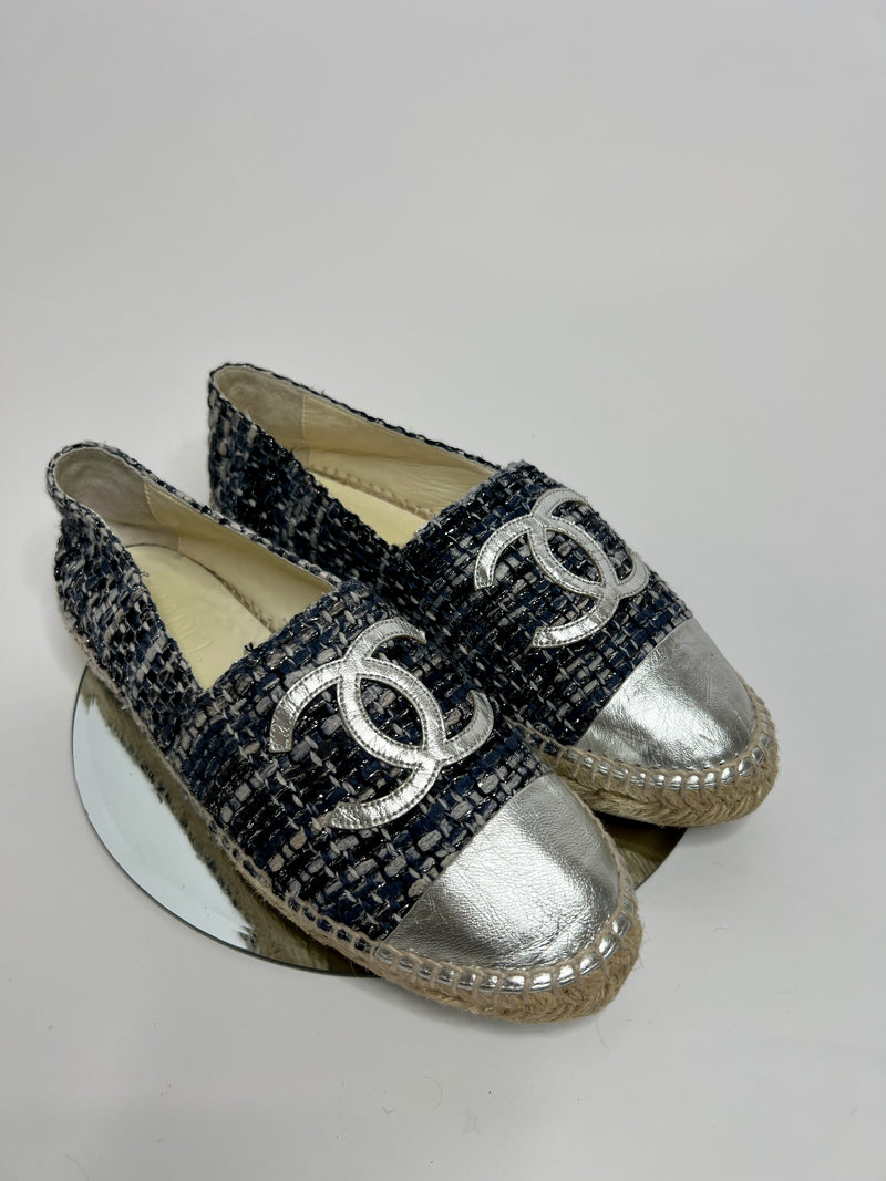Chanel Tweed and Silver Lambskin  Espadrilles (Size 39/UK 6)