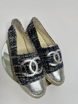 Chanel Tweed and Silver Lambskin  Espadrilles (Size 39/UK 6)