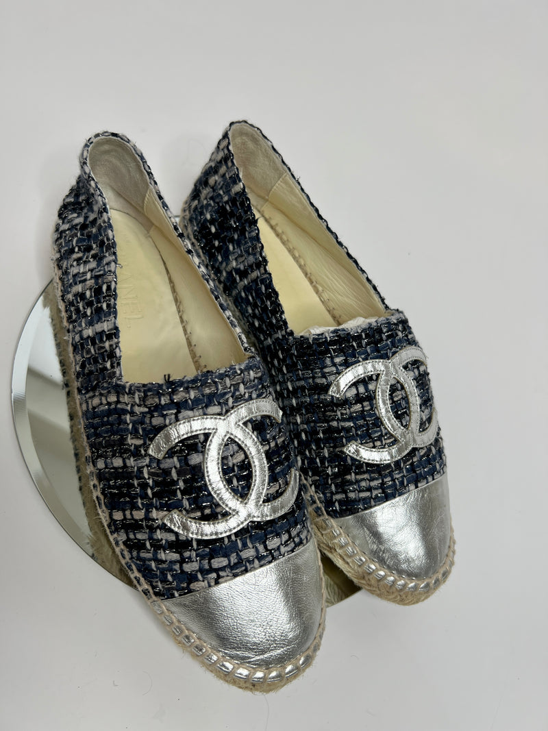Chanel Tweed and Silver Lambskin  Espadrilles (Size 39/UK 6)