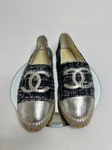 Chanel Tweed and Silver Lambskin  Espadrilles (Size 39/UK 6)