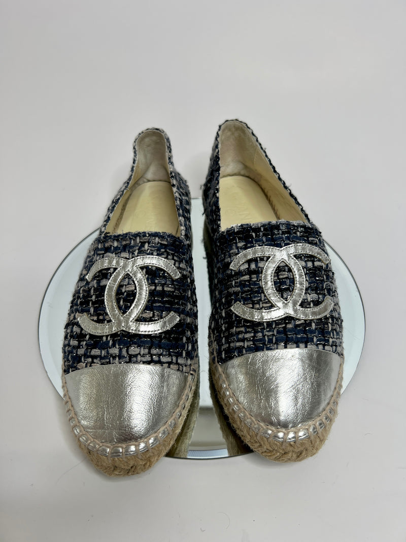 Chanel Tweed and Silver Lambskin  Espadrilles (Size 39/UK 6)