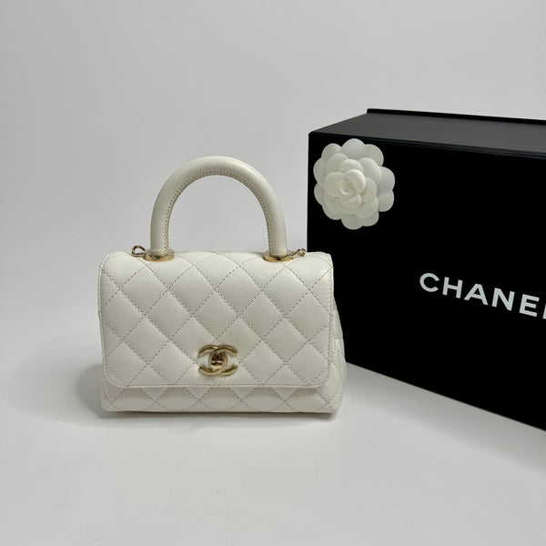 Chanel Mini Coco Top Handle In White Caviar Leather