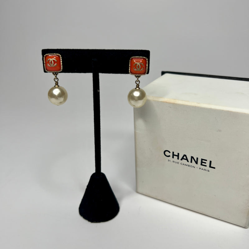 Chanel Orange CC Pearl Drop Earrings