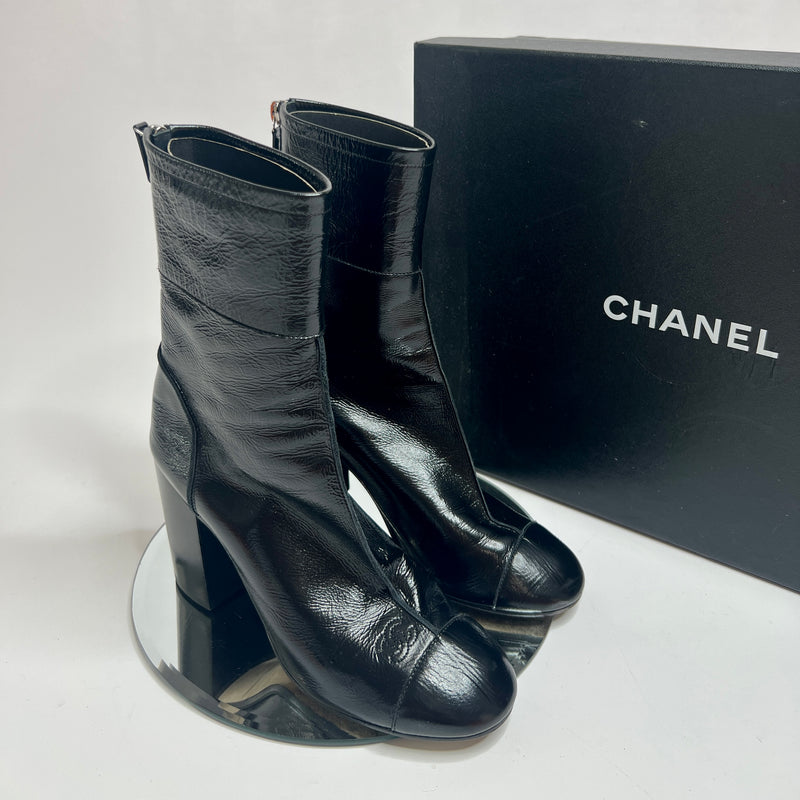 Chanel Black Patent Leather Heeled Ankle Boots (Size 38.5 /UK 5.5)
