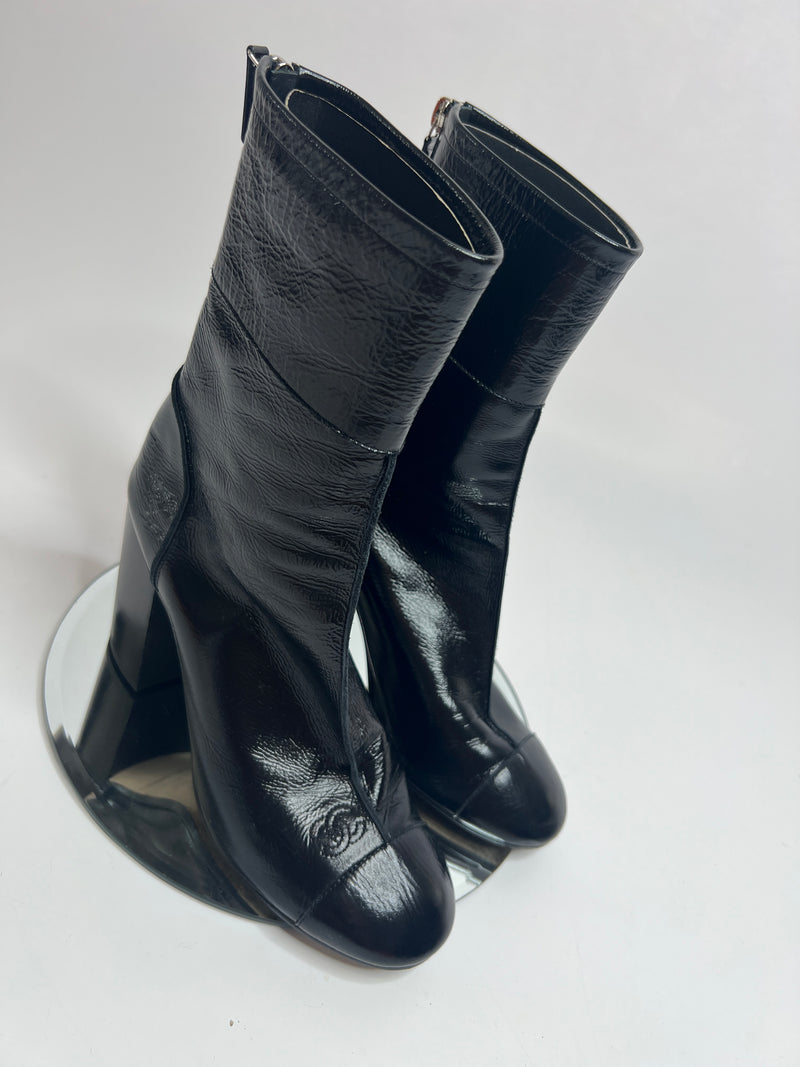 Chanel Black Patent Leather Heeled Ankle Boots (Size 38.5 /UK 5.5)