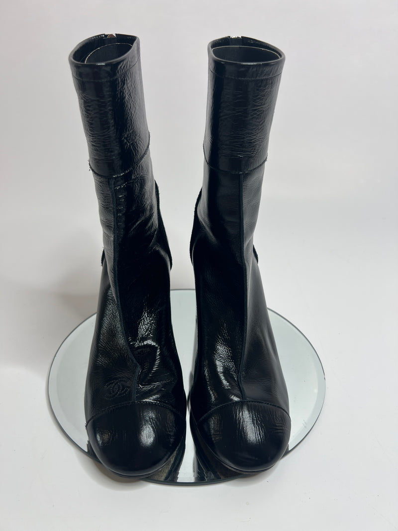 Chanel Black Patent Leather Heeled Ankle Boots (Size 38.5 /UK 5.5)