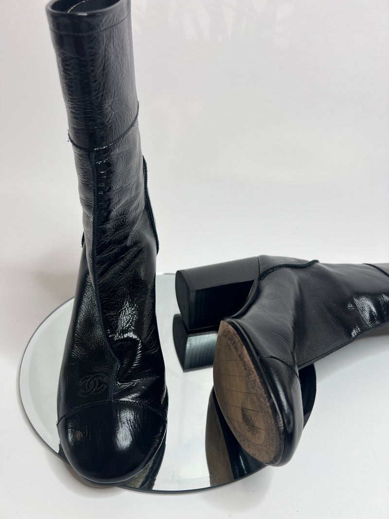 Chanel Black Patent Leather Heeled Ankle Boots (Size 38.5 /UK 5.5)