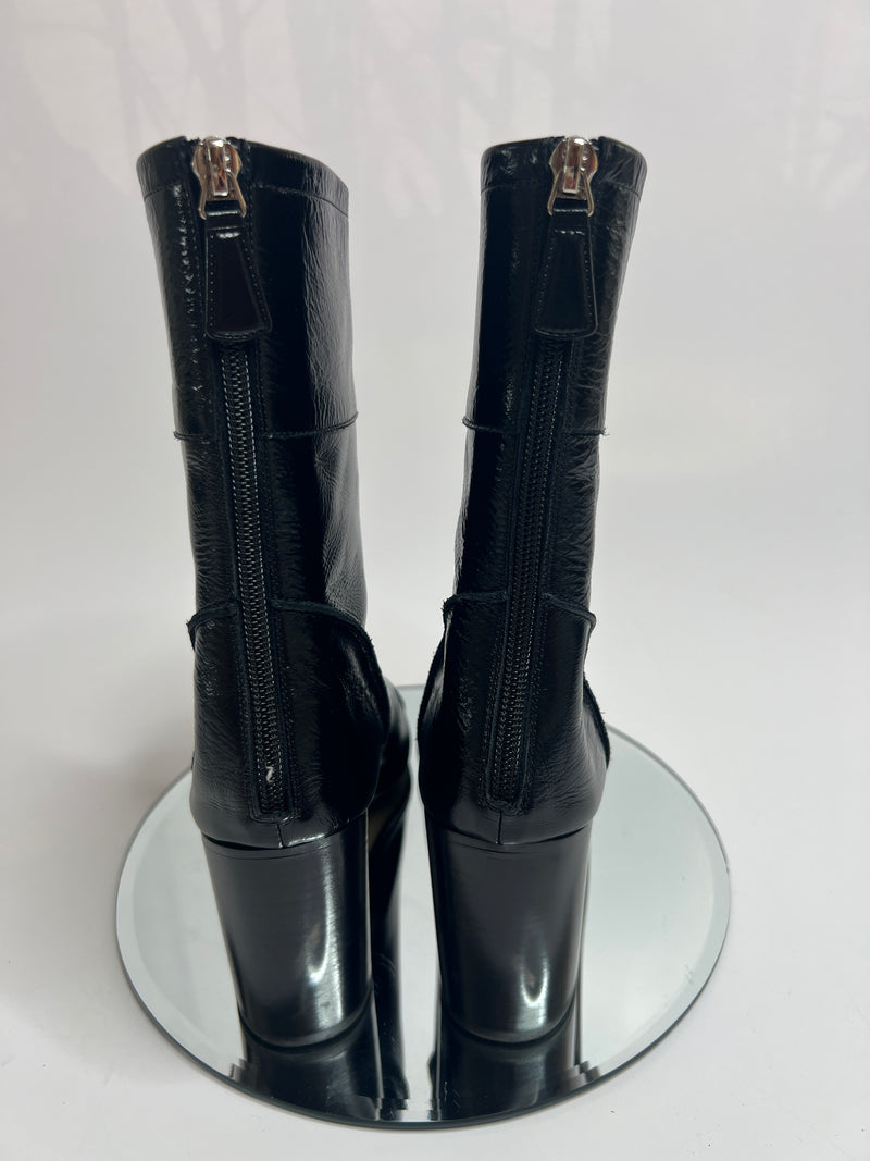 Chanel Black Patent Leather Heeled Ankle Boots (Size 38.5 /UK 5.5)