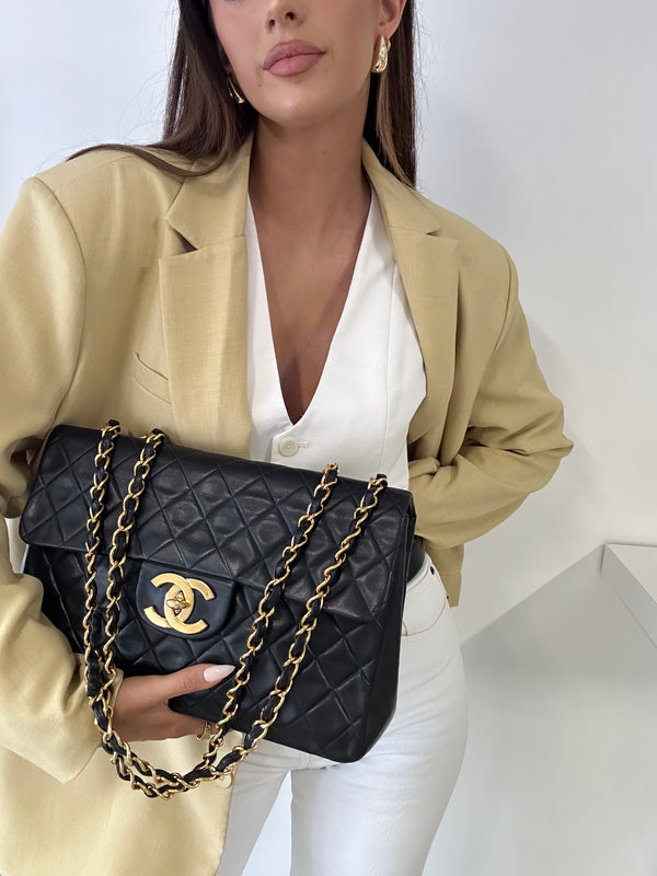 Chanel Vintage XL Maxi Flap Bag In Black Lambskin