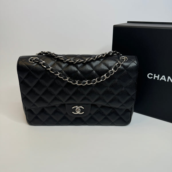 Chanel Black Caviar Leather Jumbo Classic Double Flap With SH