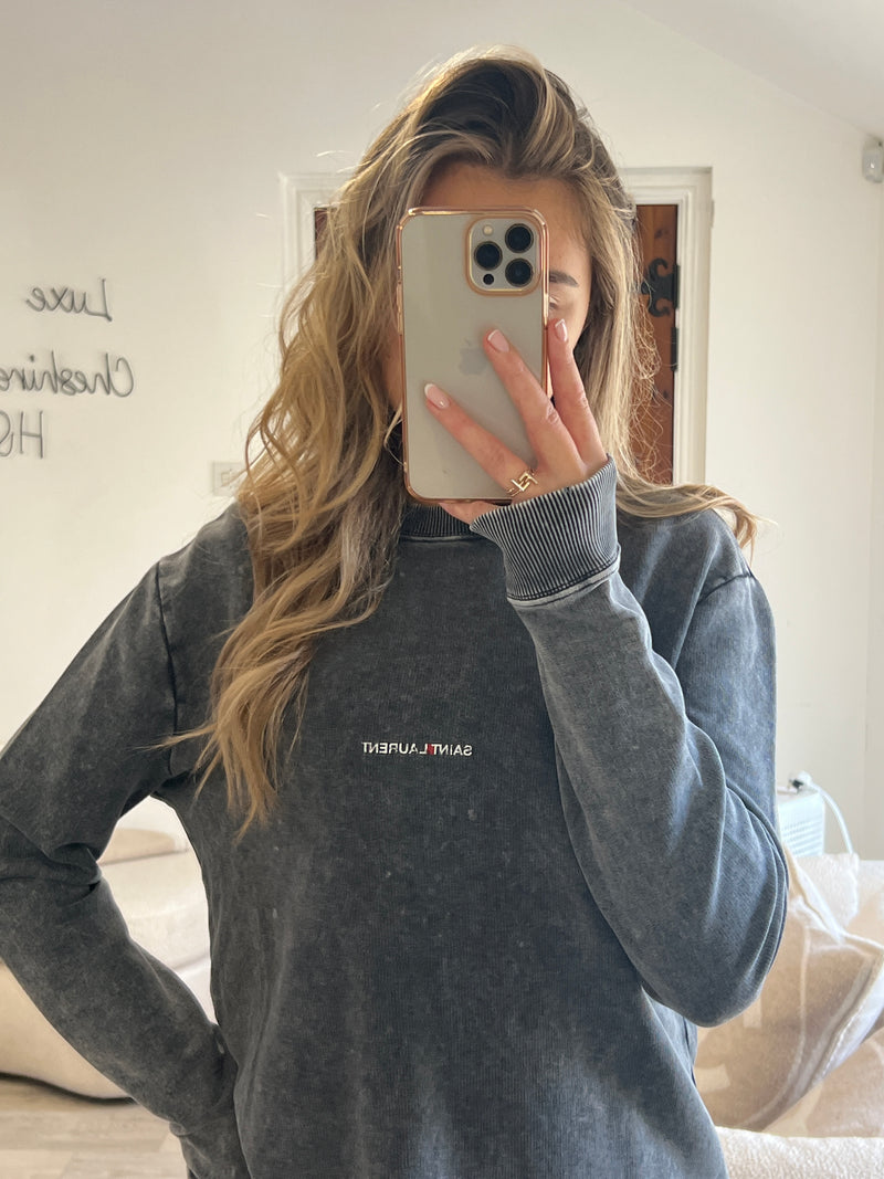 Saint Laurent Grey Distressed Logo Sweatshirt (Size S / UK 8)