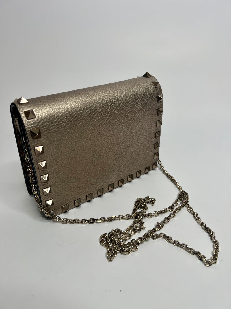 Valentino Rockstud Cross Body Bag in Gold Grained Leather