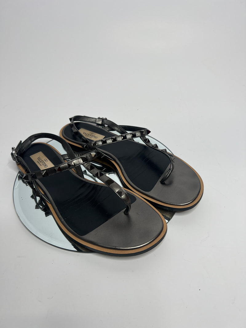 Valentino Garavani Gunmetal Rockstud Sandals (Size 39.5 /UK 6.5)