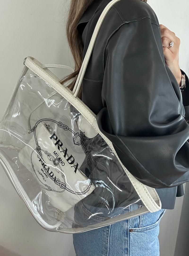 Prada White/Transparent PVC Plastic Logo Tote