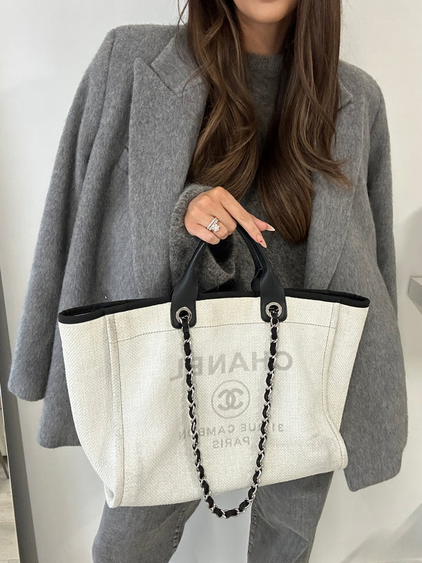 Chanel Deauville Tote Bag In Grey Canvas