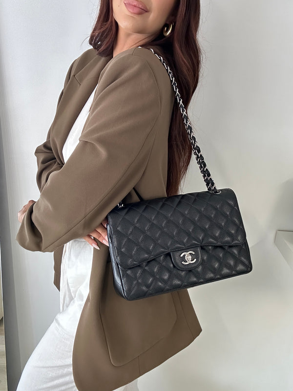 Chanel Black Caviar Leather Jumbo Classic Double Flap With SH