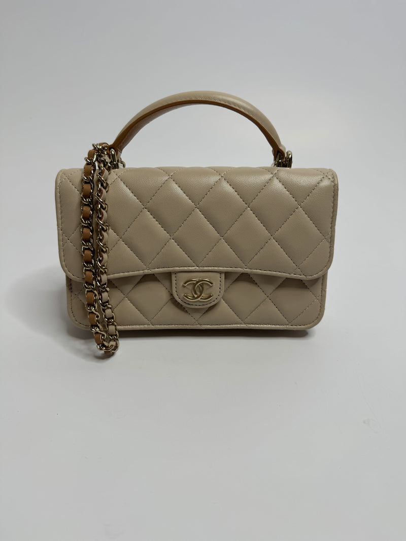 Chanel Top Handle Mini WOC Ecru/Beige Lambskin Gold Hardware 23P