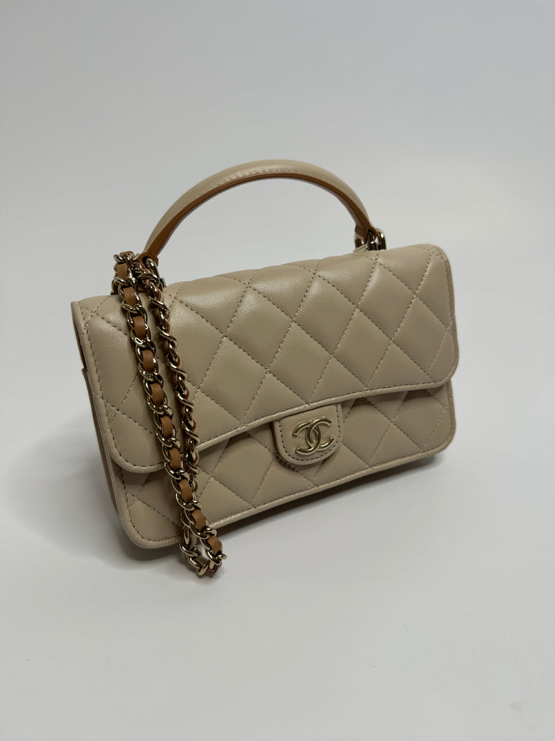 Chanel Top Handle Mini WOC Ecru/Beige Lambskin Gold Hardware 23P