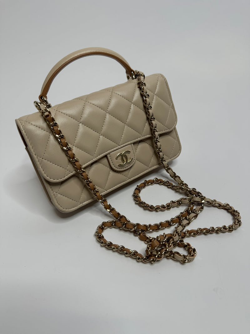 Chanel Top Handle Mini WOC Ecru/Beige Lambskin Gold Hardware 23P