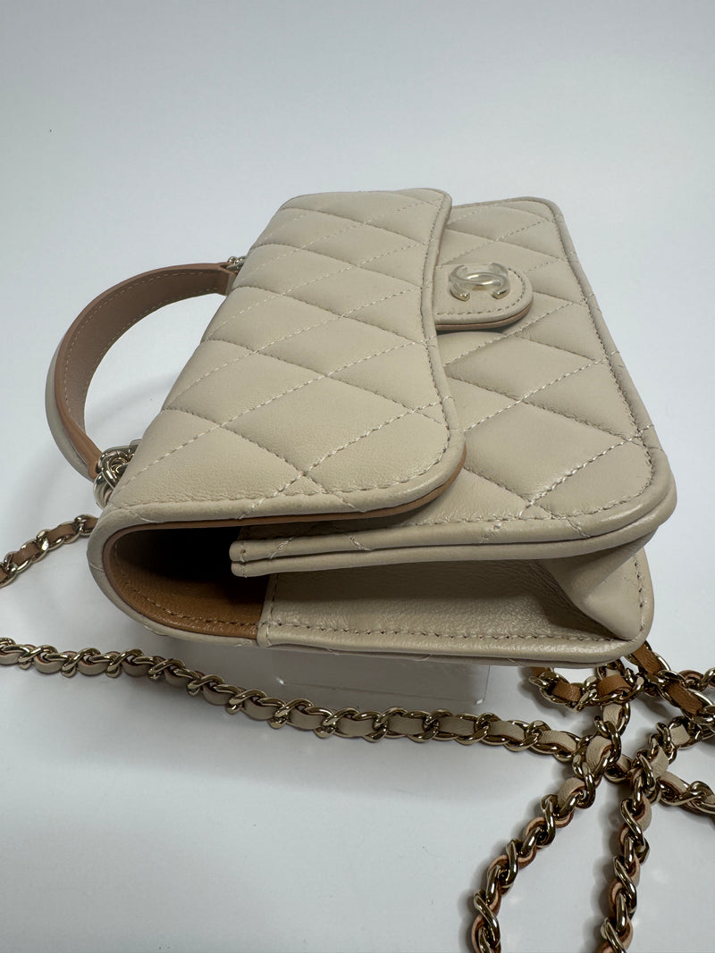 Chanel Top Handle Mini WOC Ecru/Beige Lambskin Gold Hardware 23P