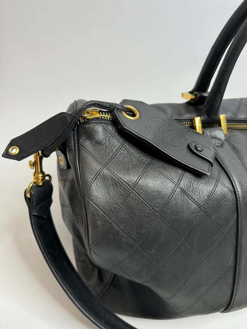 Chanel Vintage Black Leather Boston Travel Bag