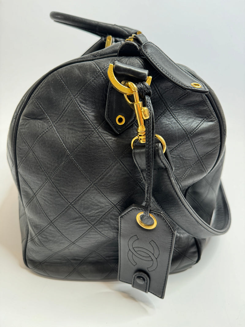 Chanel Vintage Black Leather Boston Travel Bag