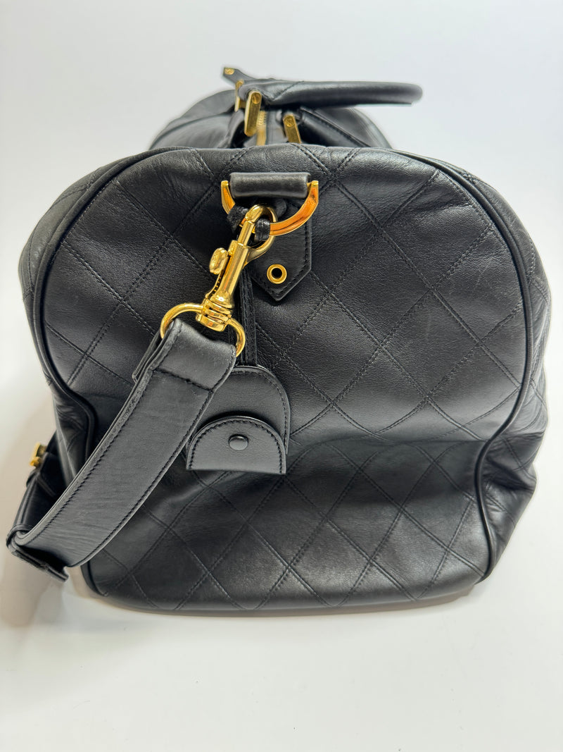 Chanel Vintage Black Leather Boston Travel Bag