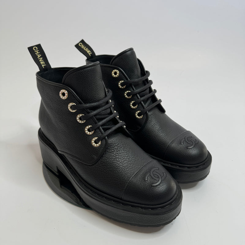 Chanel Black Capped Toe and Pearl Combat Boots (Size 38 /UK 5)