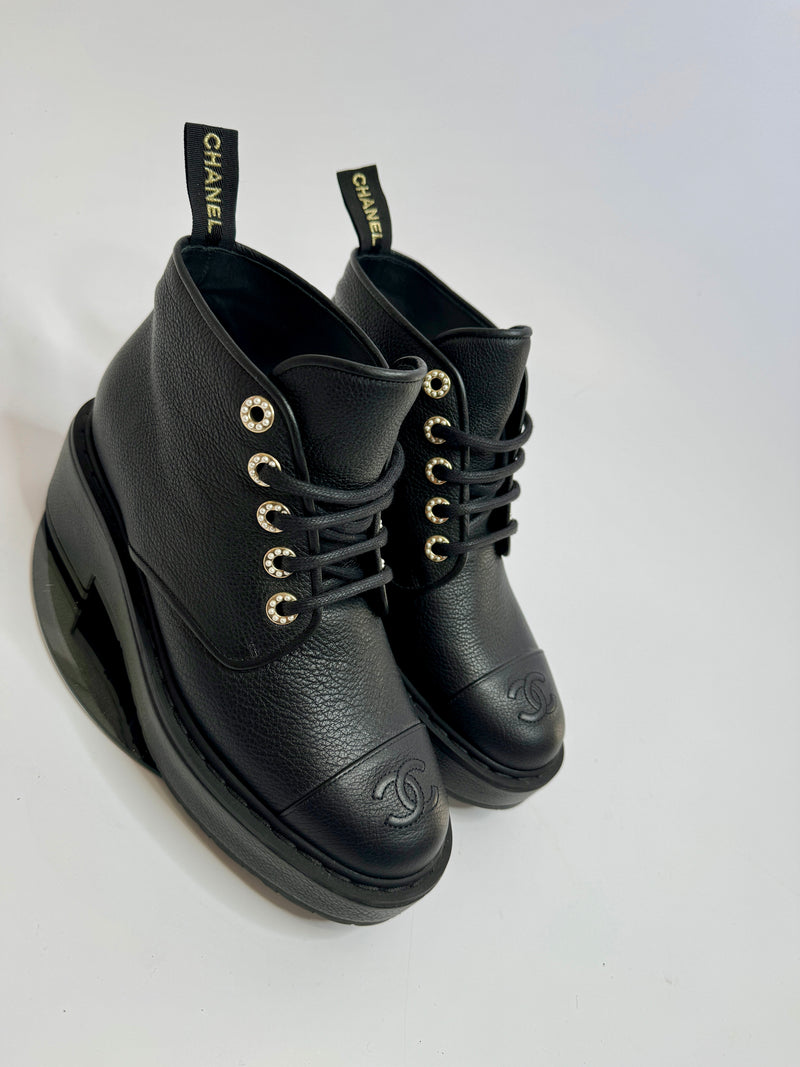 Chanel Black Capped Toe and Pearl Combat Boots (Size 38 /UK 5)