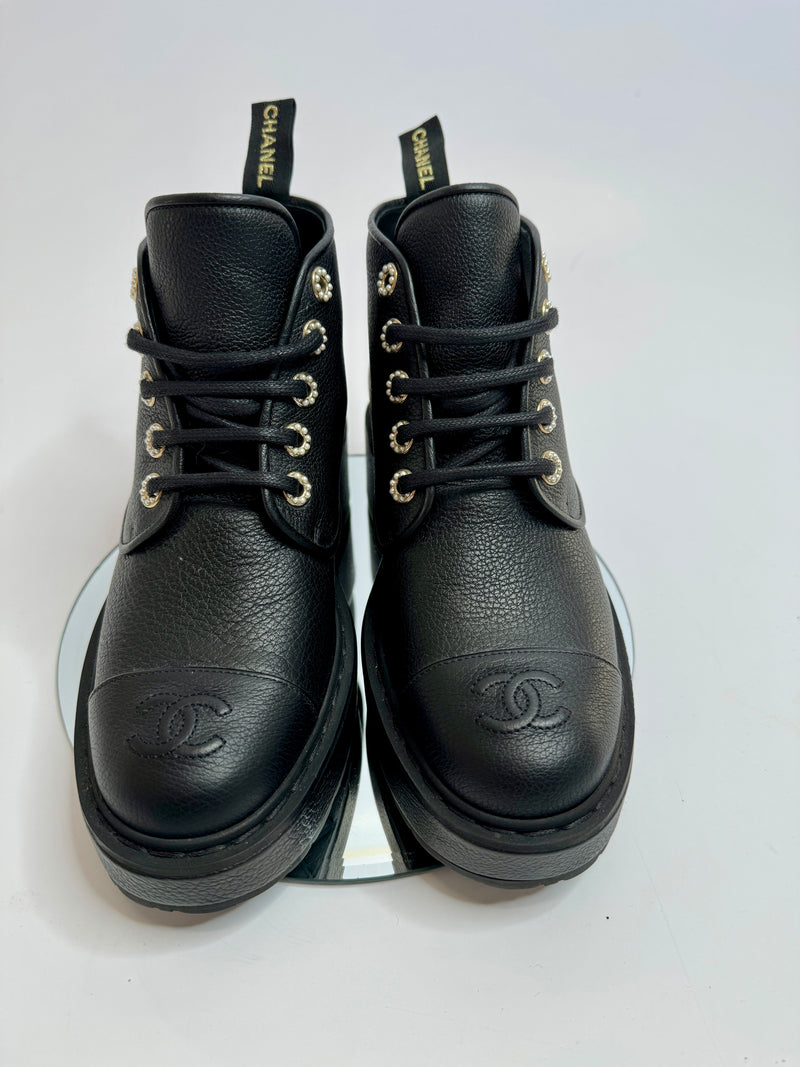 Chanel Black Capped Toe and Pearl Combat Boots (Size 38 /UK 5)