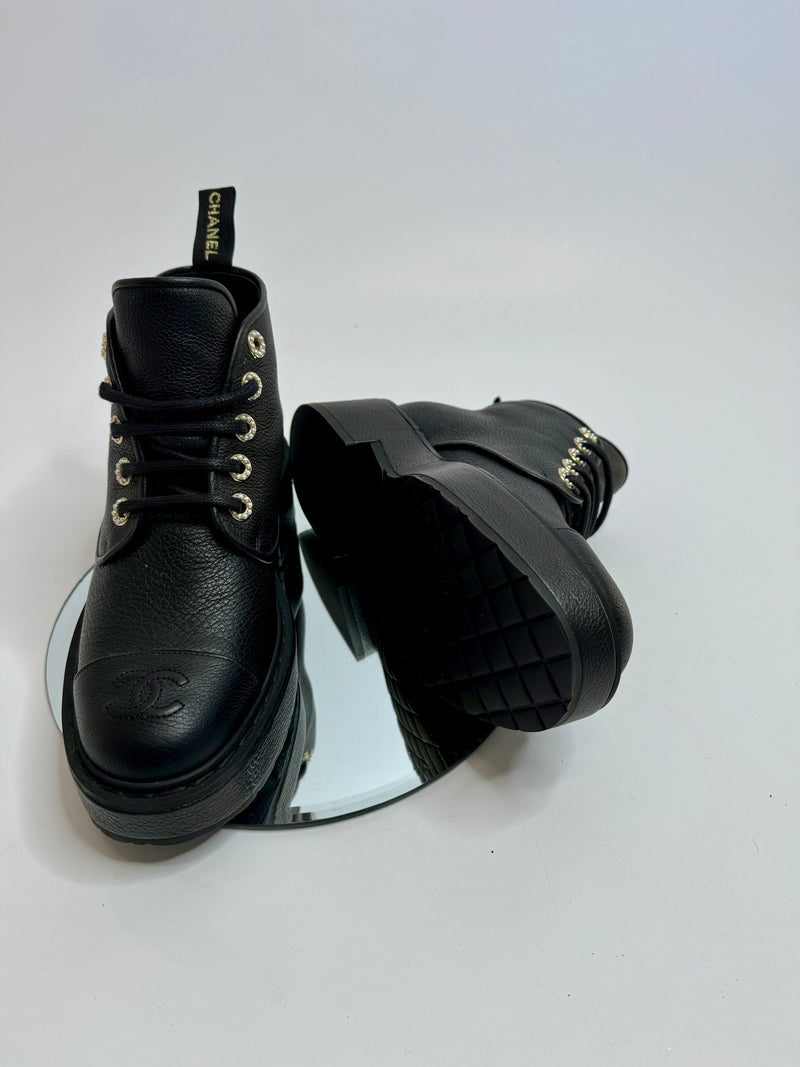 Chanel Black Capped Toe and Pearl Combat Boots (Size 38 /UK 5)