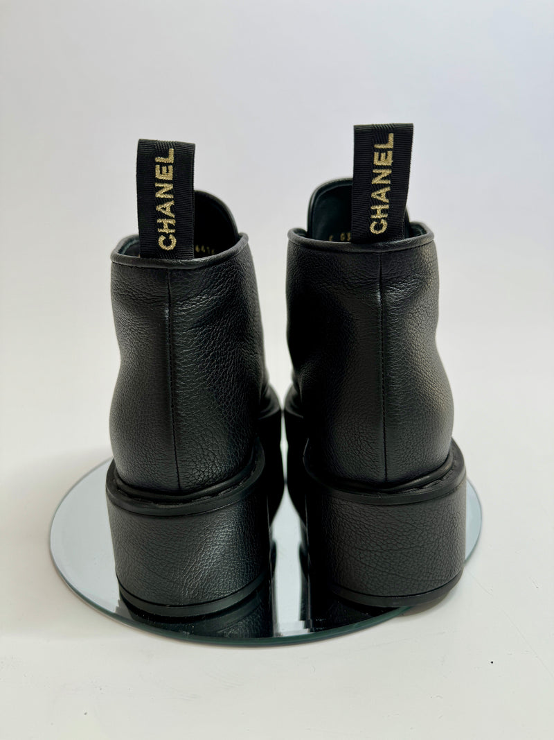 Chanel Black Capped Toe and Pearl Combat Boots (Size 38 /UK 5)