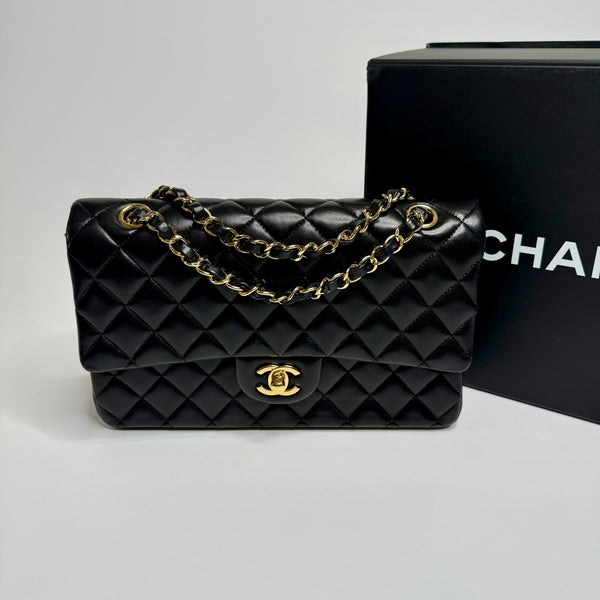 Chanel Medium Classic Double Flap In Black Lambskin With Gold Hardware