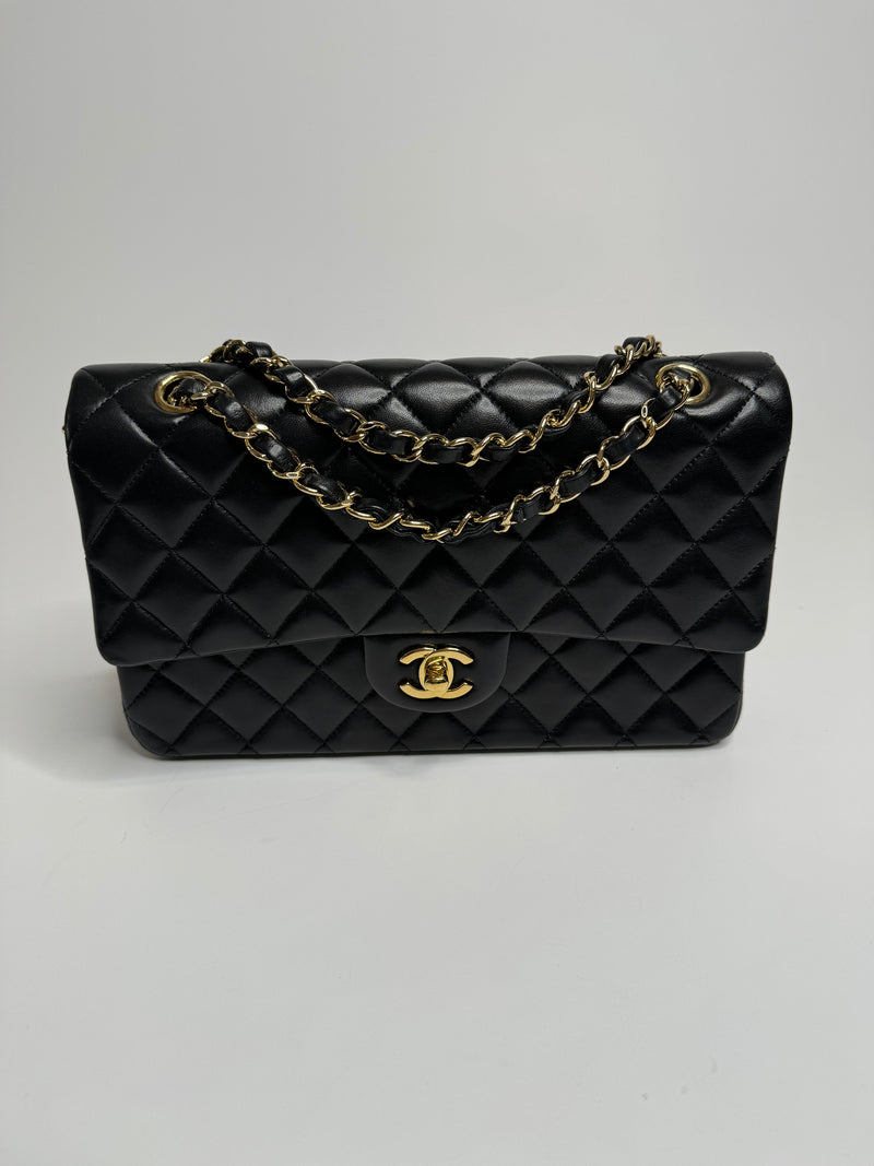 Chanel Medium Classic Double Flap In Black Lambskin With Gold Hardware