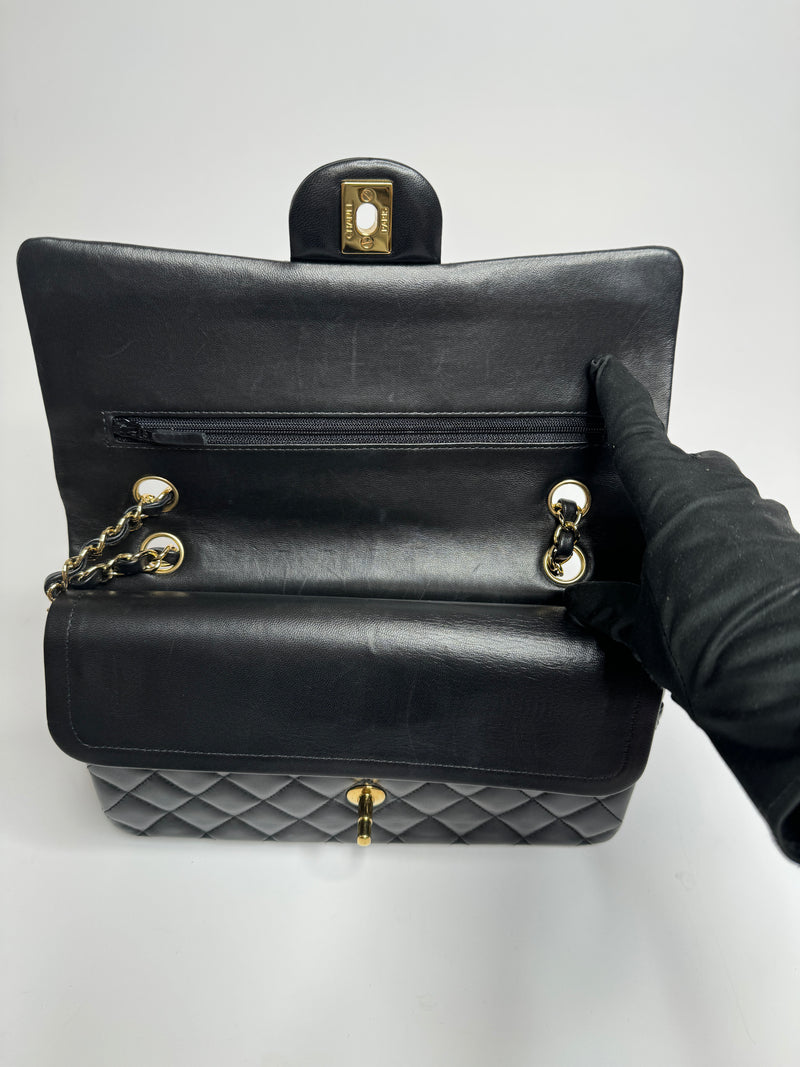 Chanel Medium Classic Double Flap In Black Lambskin With Gold Hardware