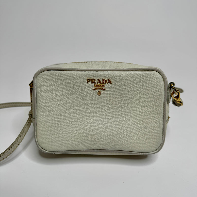 Prada Off-White Saffiano Leather Mini Zip Top Camera Sling Bag
