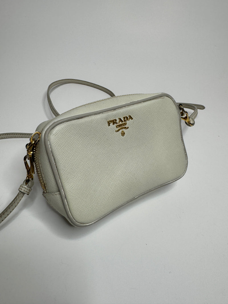 Prada Off-White Saffiano Leather Mini Zip Top Camera Sling Bag