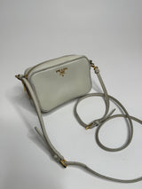 Prada Off-White Saffiano Leather Mini Zip Top Camera Sling Bag