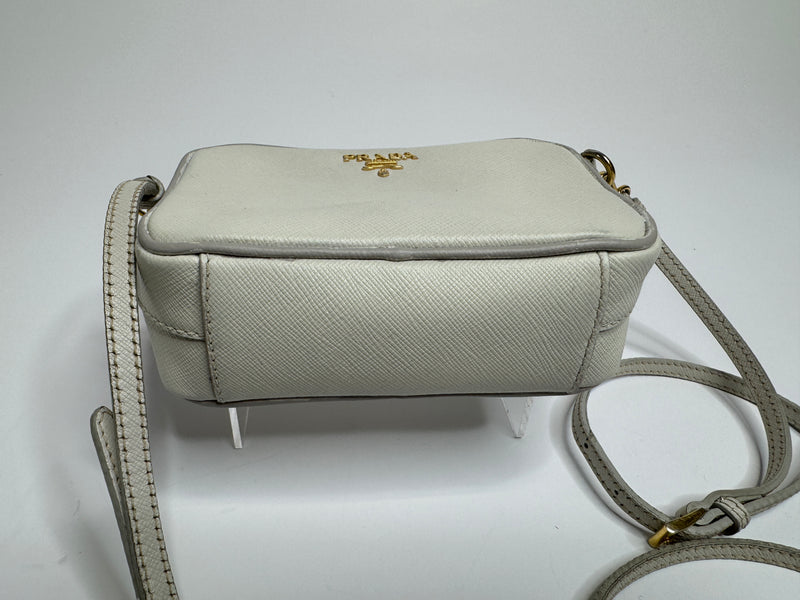 Prada Off-White Saffiano Leather Mini Zip Top Camera Sling Bag