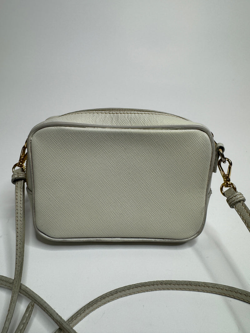 Prada Off-White Saffiano Leather Mini Zip Top Camera Sling Bag