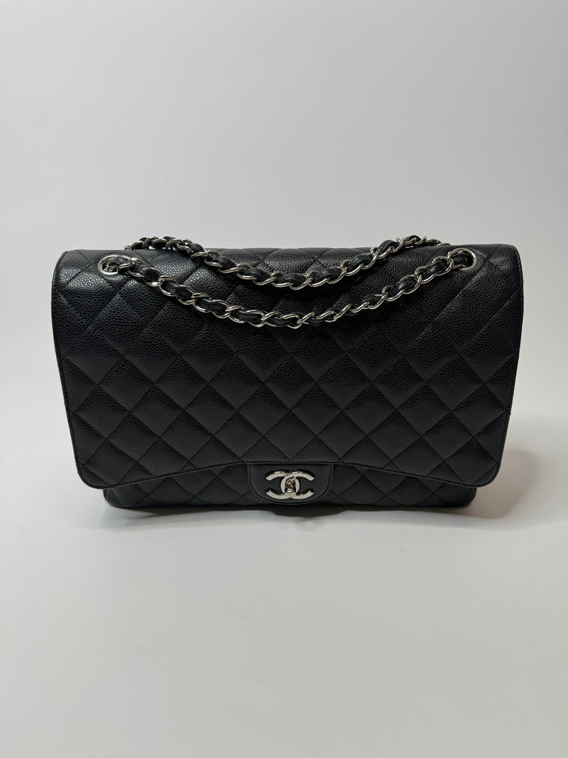 Chanel Maxi Classic Double Flap In Black Caviar Leather With Silver Hardware