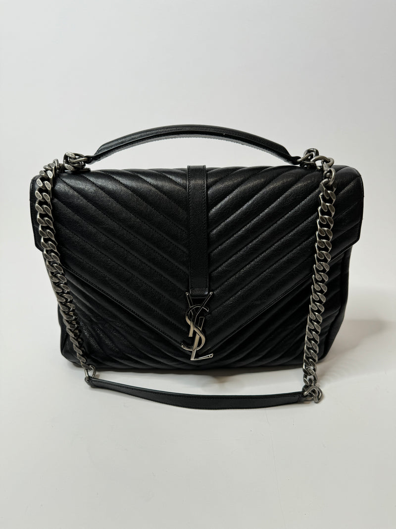 Saint Laurent Black Matelassé Leather Large College Top Handle Bag