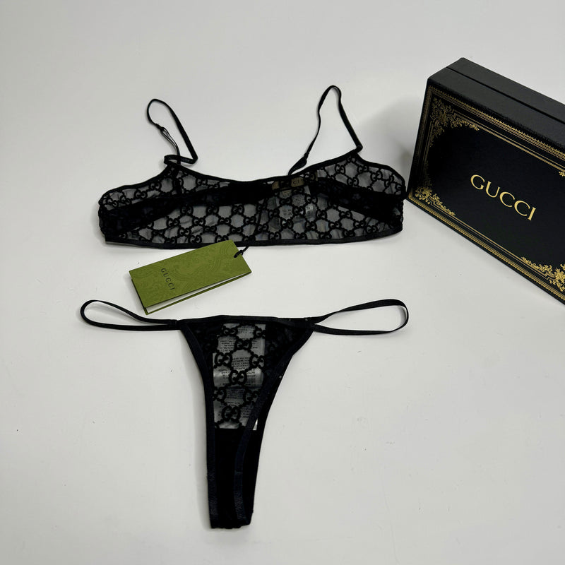 Gucci Tulle Lingerie Black GG Tulle Lingerie Set( Size S / UK 8 )