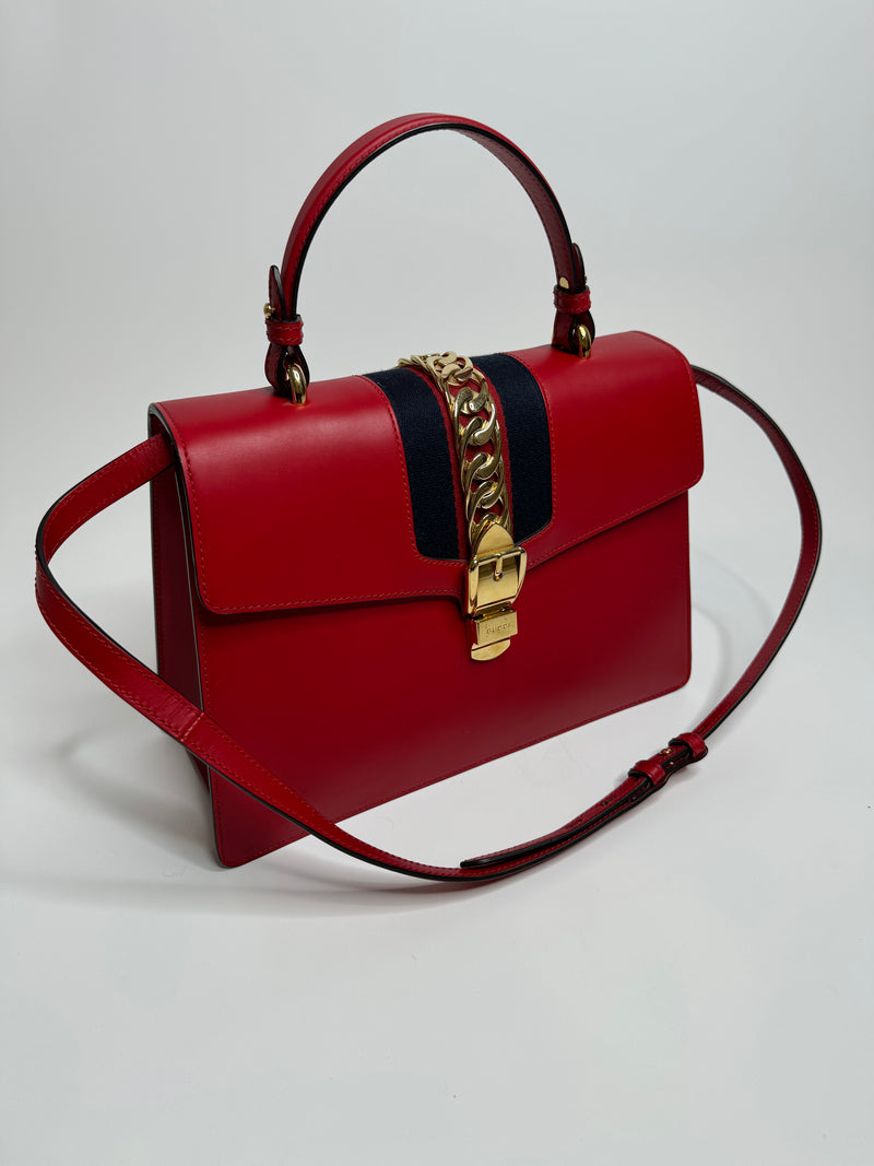 Gucci Sylvie Top Handle Bag in Red Leather