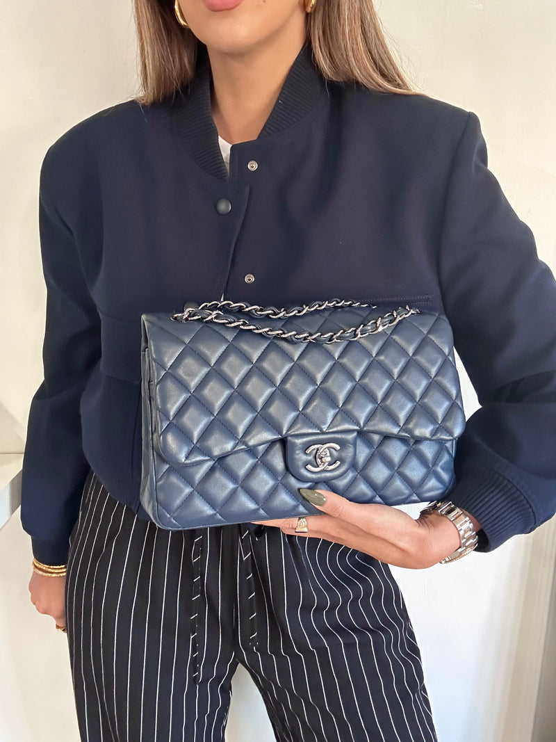 Chanel Navy Lambskin Leather Jumbo Classic Double Flap