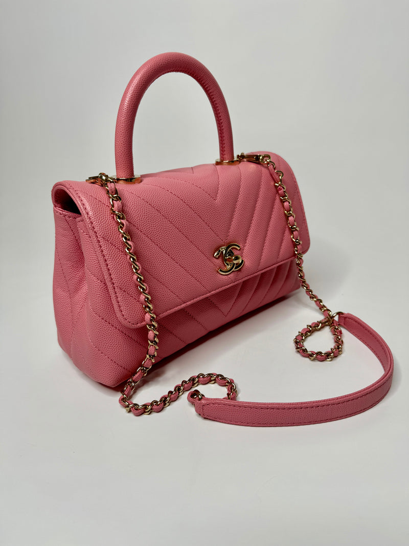 Chanel Small Coco Top Handle In Pink Caviar Leather