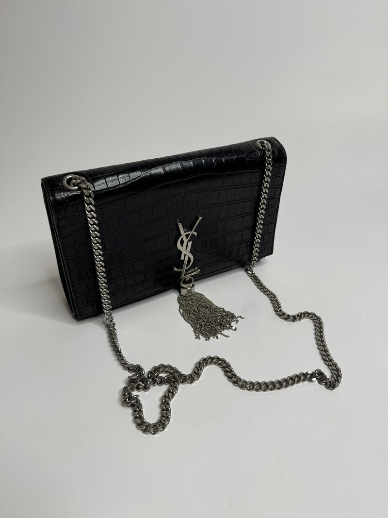 Saint Laurent Black Croc Embossed Kate Tassel Bag