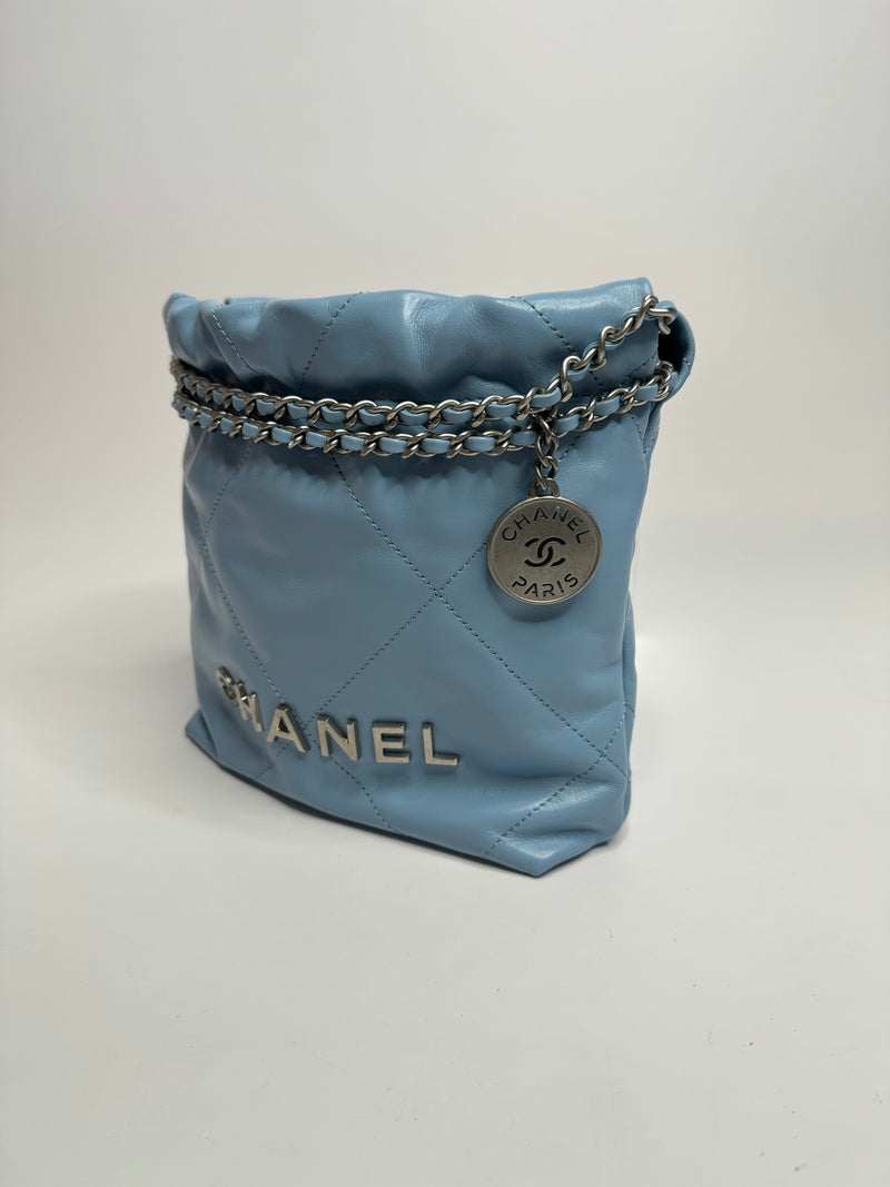 Chanel Mini 22 Bag Blue Calfskin Silver Hardware